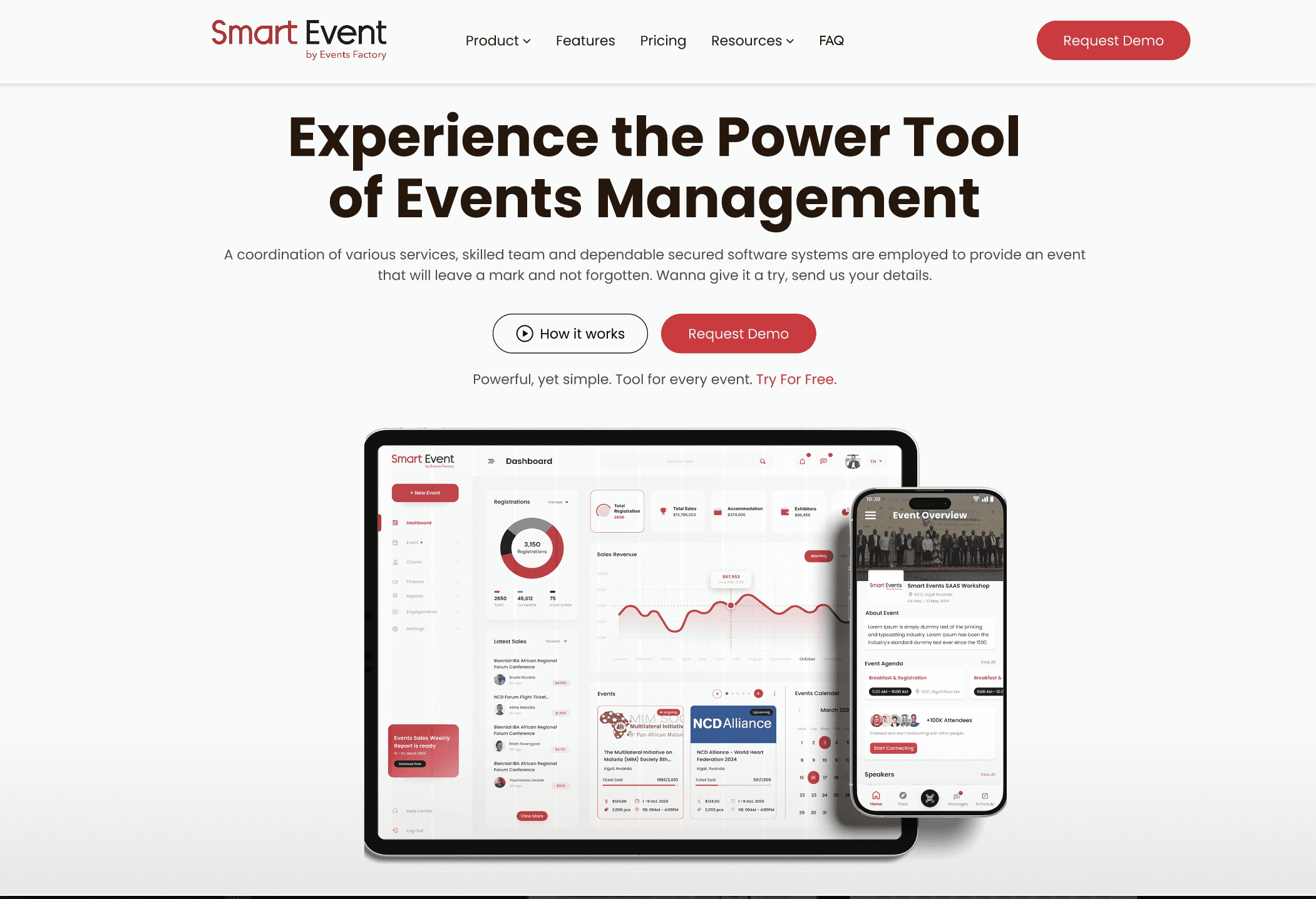 Smart events landing webpage promoting a powerful events management tool, showing a tablet and phone interface.