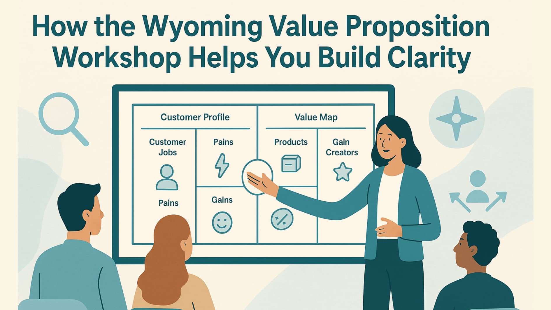 Illustration of Wyoming Value Proposition Workshop showing team gaining clarity around a digital value proposition canvas.