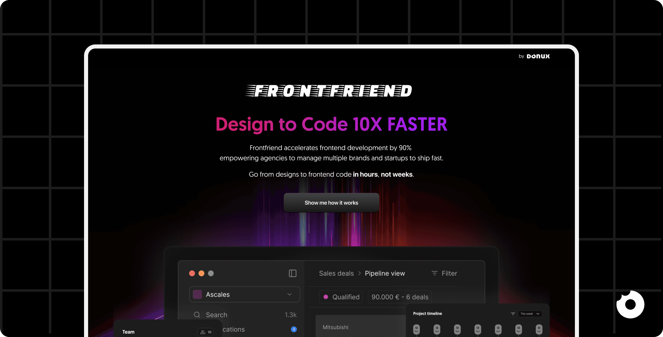 Frontfriend homepage with headline ‘Design to Code 10X Faster’