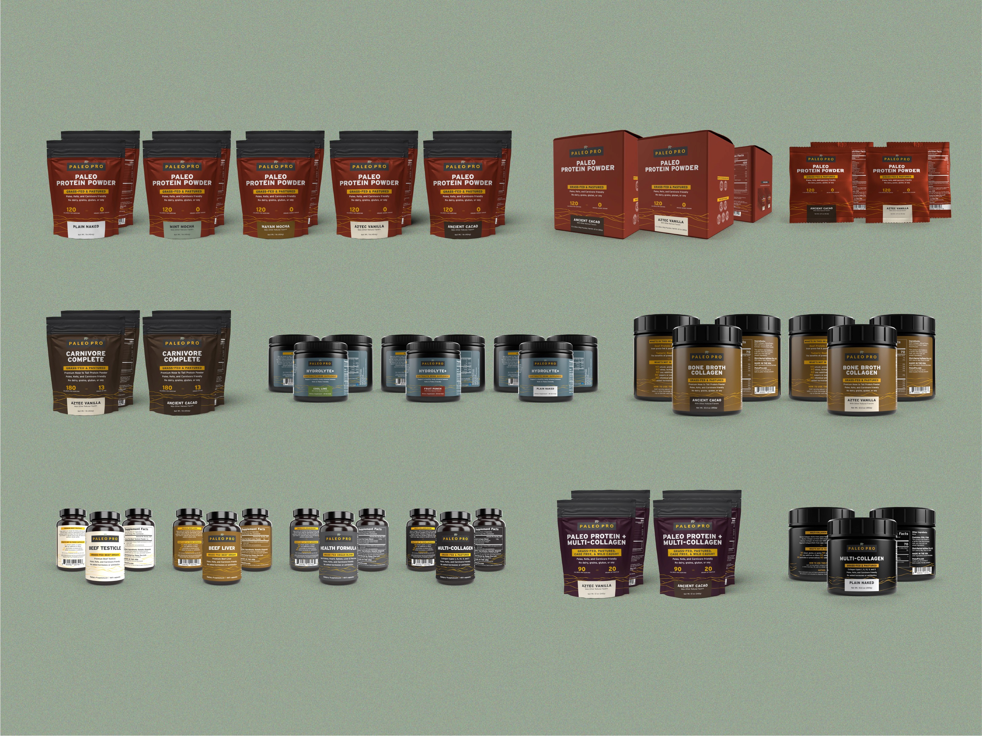 Full line up of PaleoPro packaging with all products presented