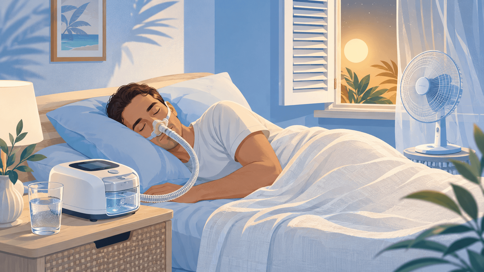 Homme qui dort dans son lit avec appareil apnée du sommeil
