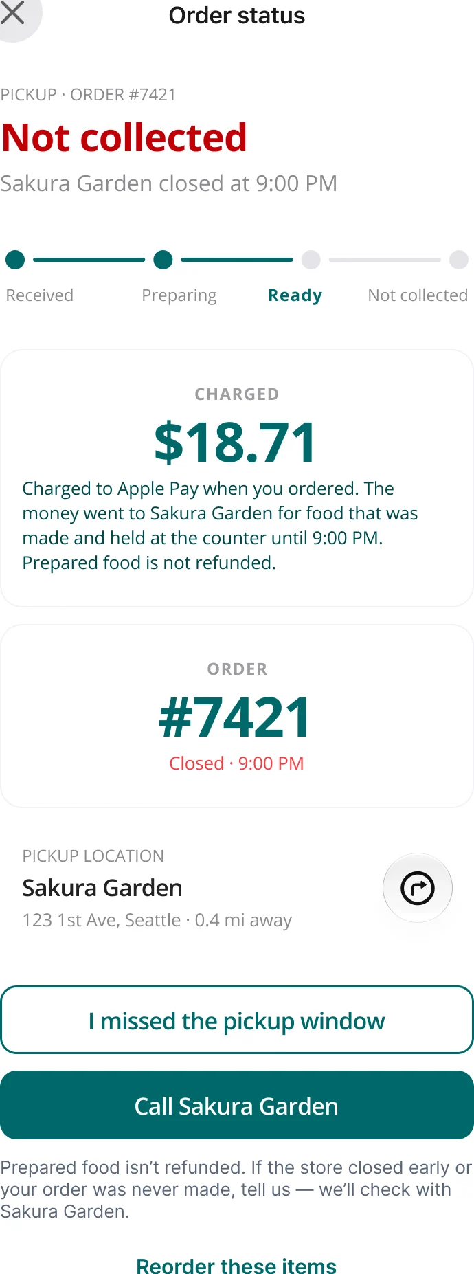Order status screen in the Not collected state: the order was not picked up and the charge stands.