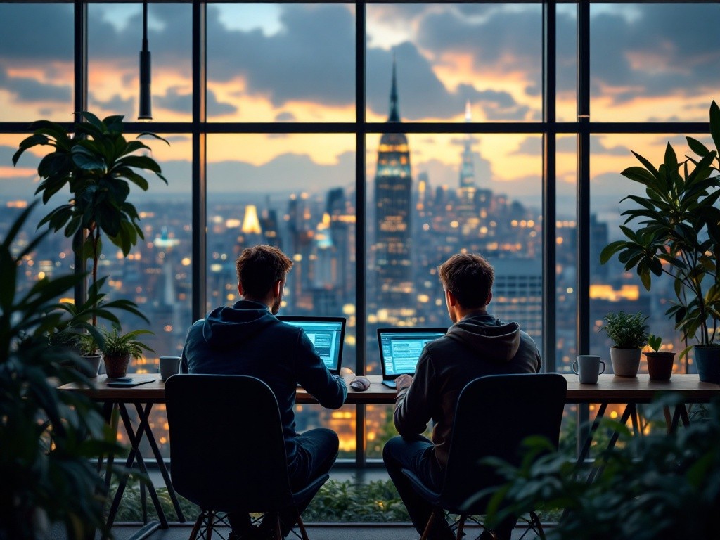 Two people working on laptops in front of a window with a city view