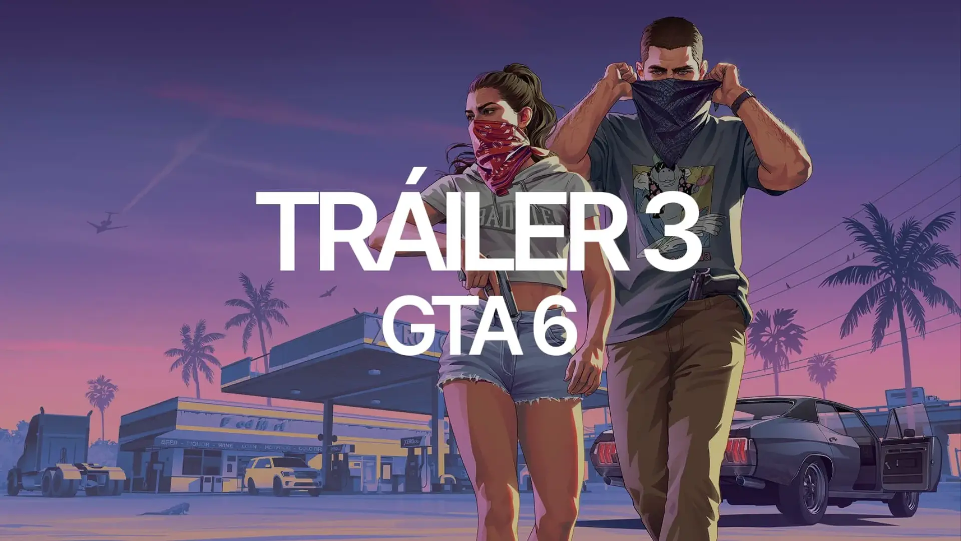 Jason y Lucia con pañuelos cubriendo el rostro frente a una gasolinera, en una ilustración de GTA 6