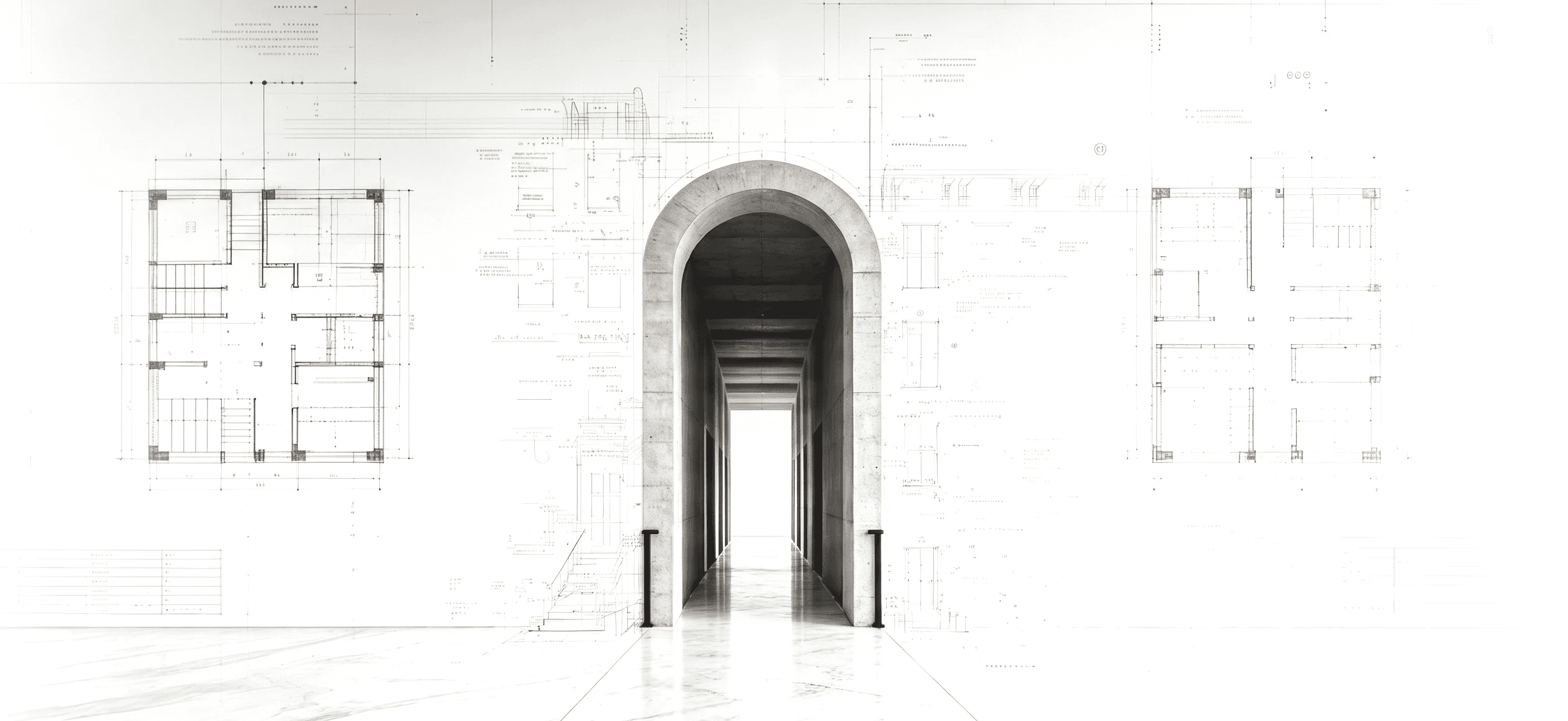 Espaço arquitetônico com planta técnica ao fundo e corredor em arco, representando estruturação patrimonial e planejamento tributário