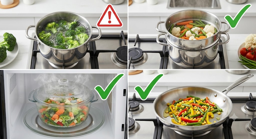 A four-panel infographic comparison of methods to cook frozen vegetables. It shows boiling broccoli in a pot with water and a red caution symbol (Panel 1). Vegetables steaming in a stainless-steel steamer with green check marks (Panel 2). Covered microwave steaming in a glass bowl with a green check mark (Panel 3). Lightly sautéing mixed vegetables in a skillet with olive oil and a green check mark (Panel 4).