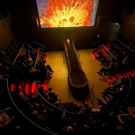 Nahaufnahme von geschmolzener Lava, die in einem feurigen Rot und Orange sprudelt und wirbelt. Die Oberfläche des flüssigen Gesteins ist mit dunklen Fragmenten, leuchtenden Hitzenestern und glänzenden, glatten Blasen texturiert. Dies fängt die intensive Hitze und die fließende Bewegung frisch gegossener Lava in einer kontrollierten Umgebung ein.