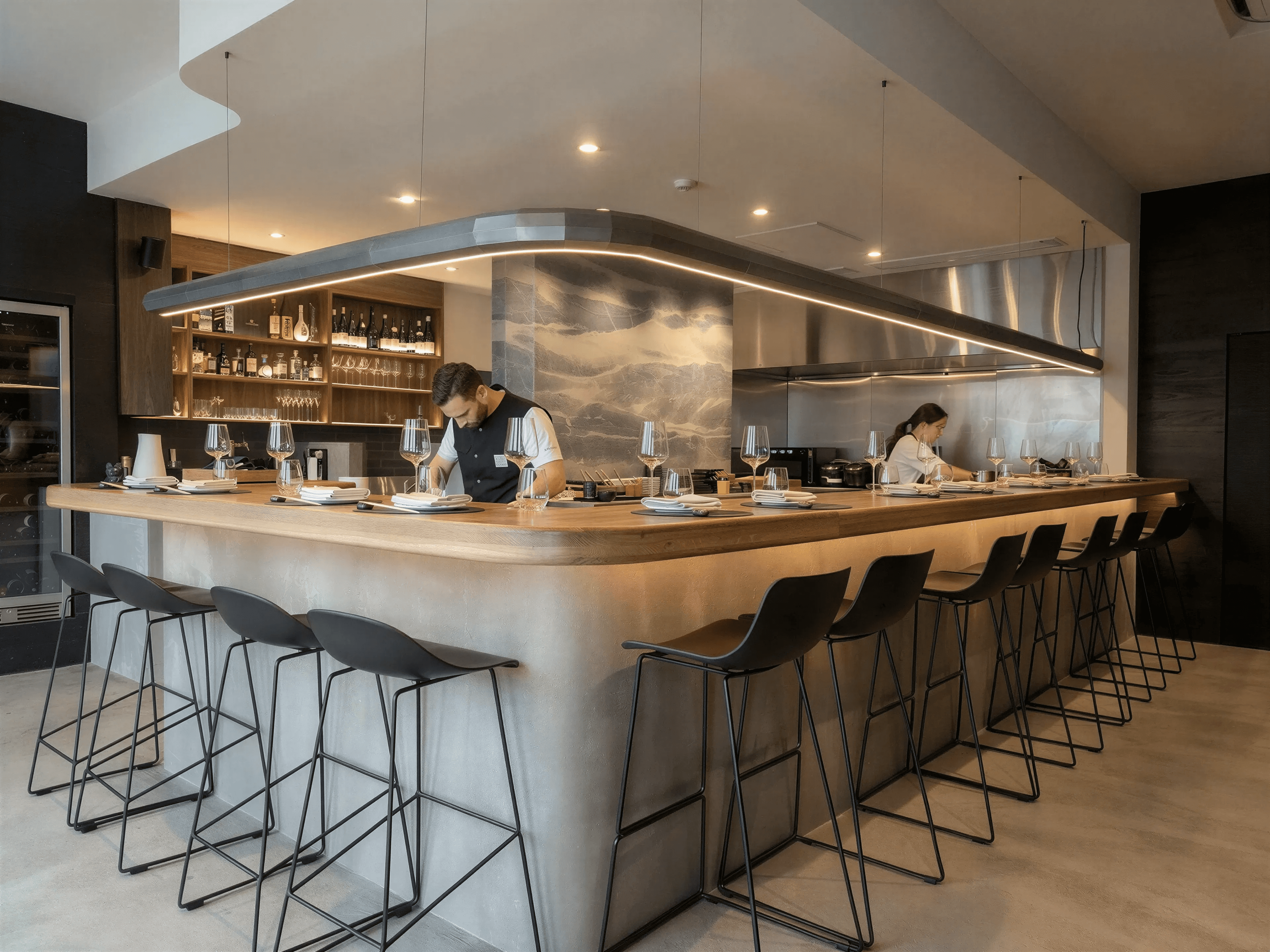 Uminono: Contemporary Japanese restaurant interior with open kitchen and bar in Prahran, Melbourne