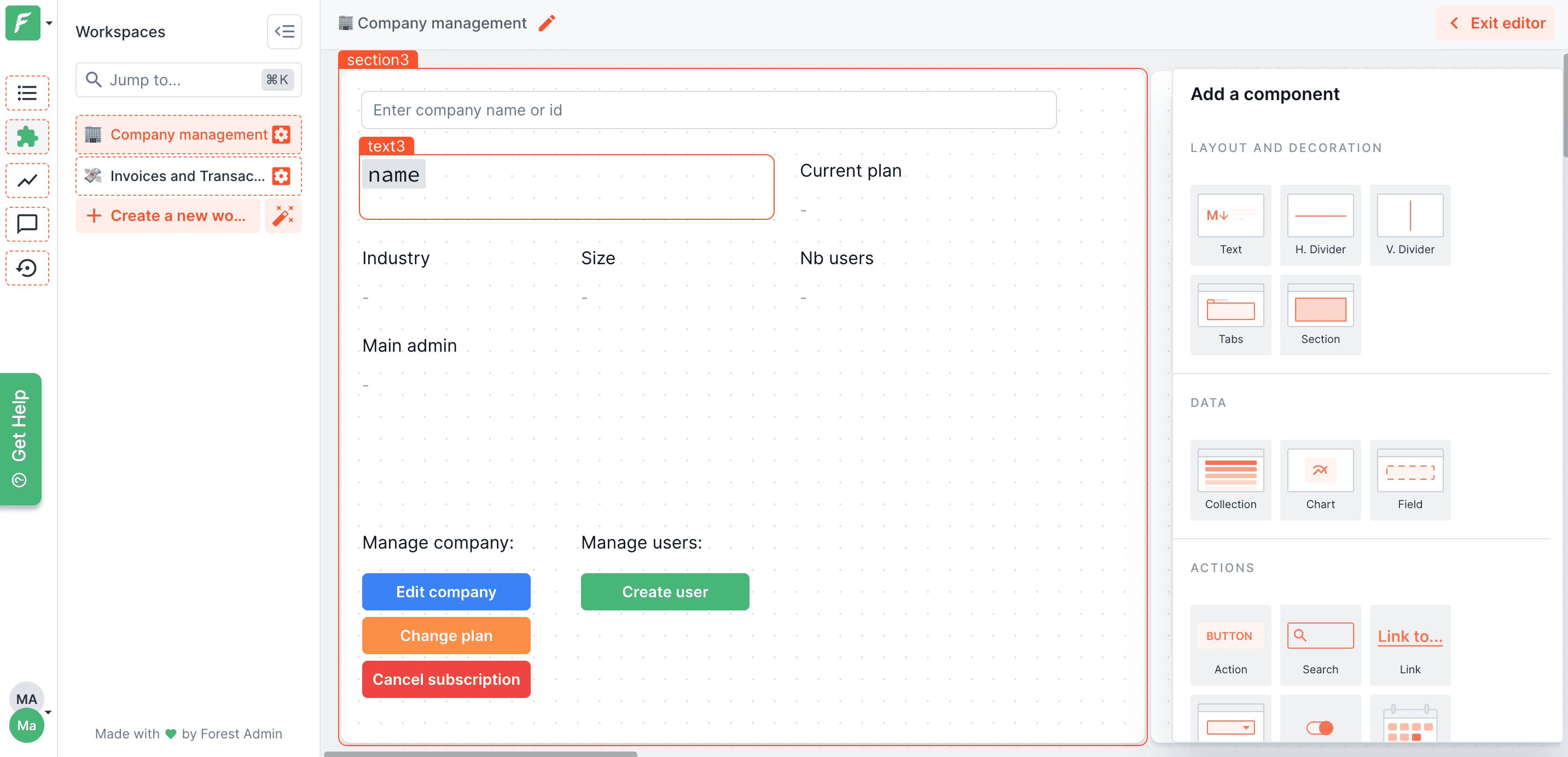A screenshot from Forest Admin demo project presenting a workspace in the layout editor.