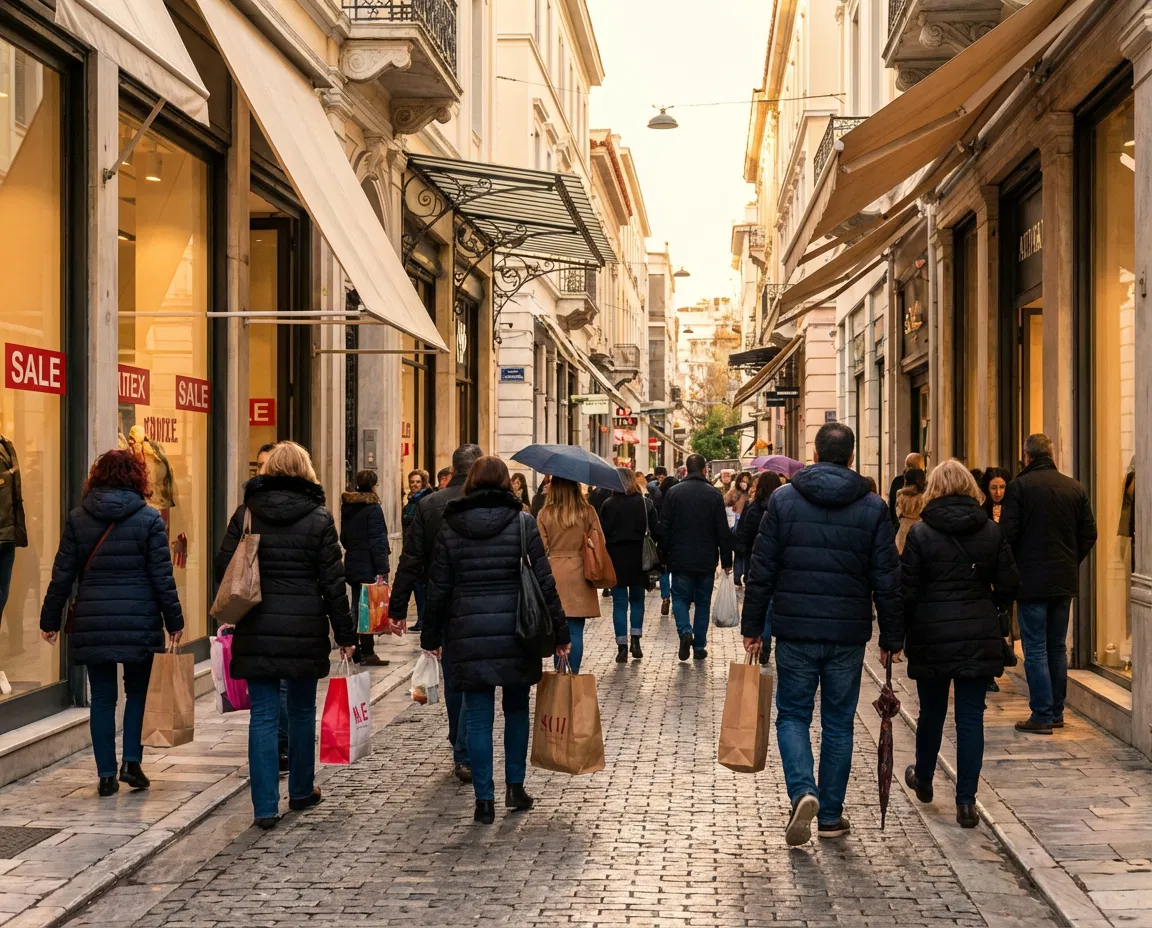 Lively shopping street in Athens with storefronts and shoppers during discount season