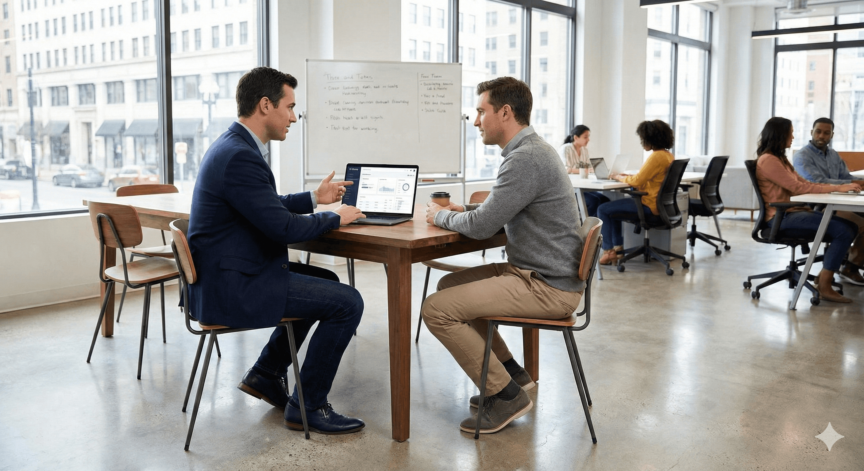 Two people are engaged in a discussion at a table in a modern, open office space with large windows and several colleagues working in the background.