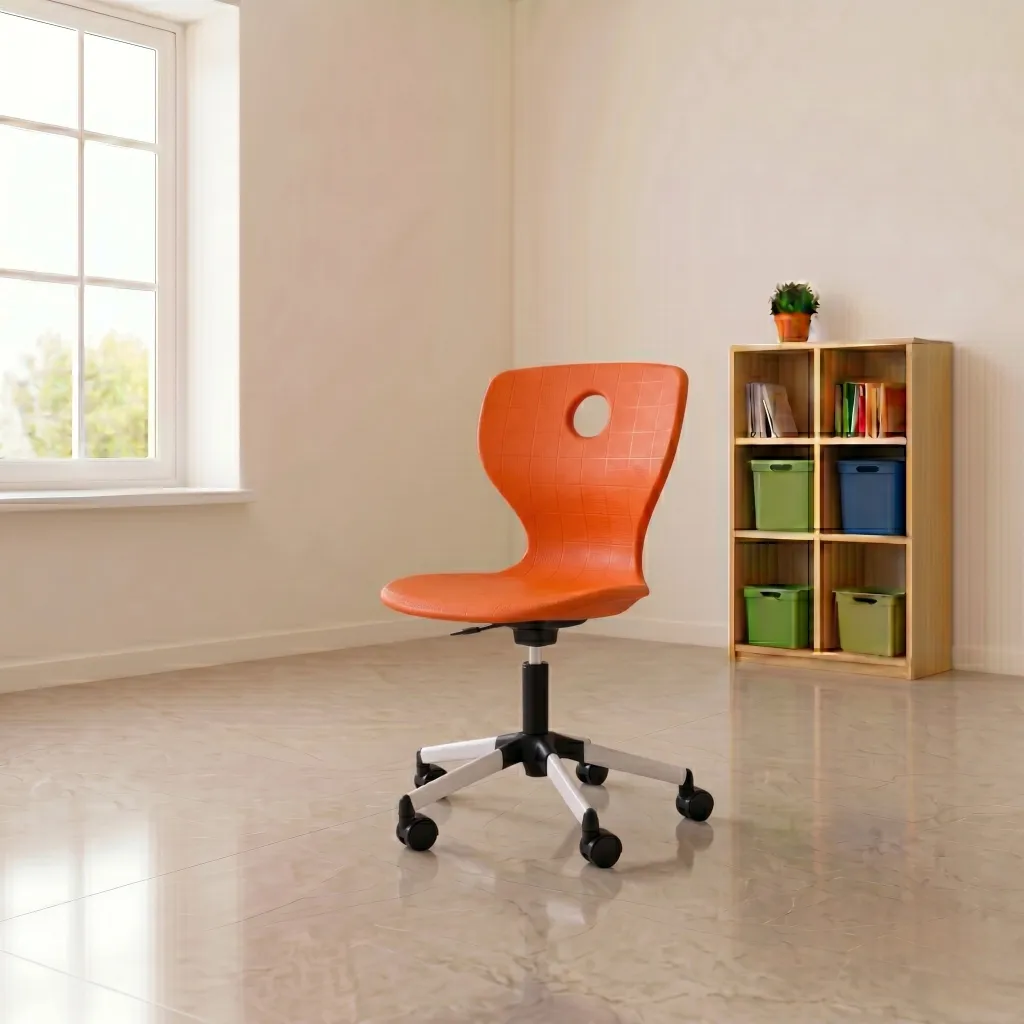 Orange custom school chair with swivel base. Made in Turkey