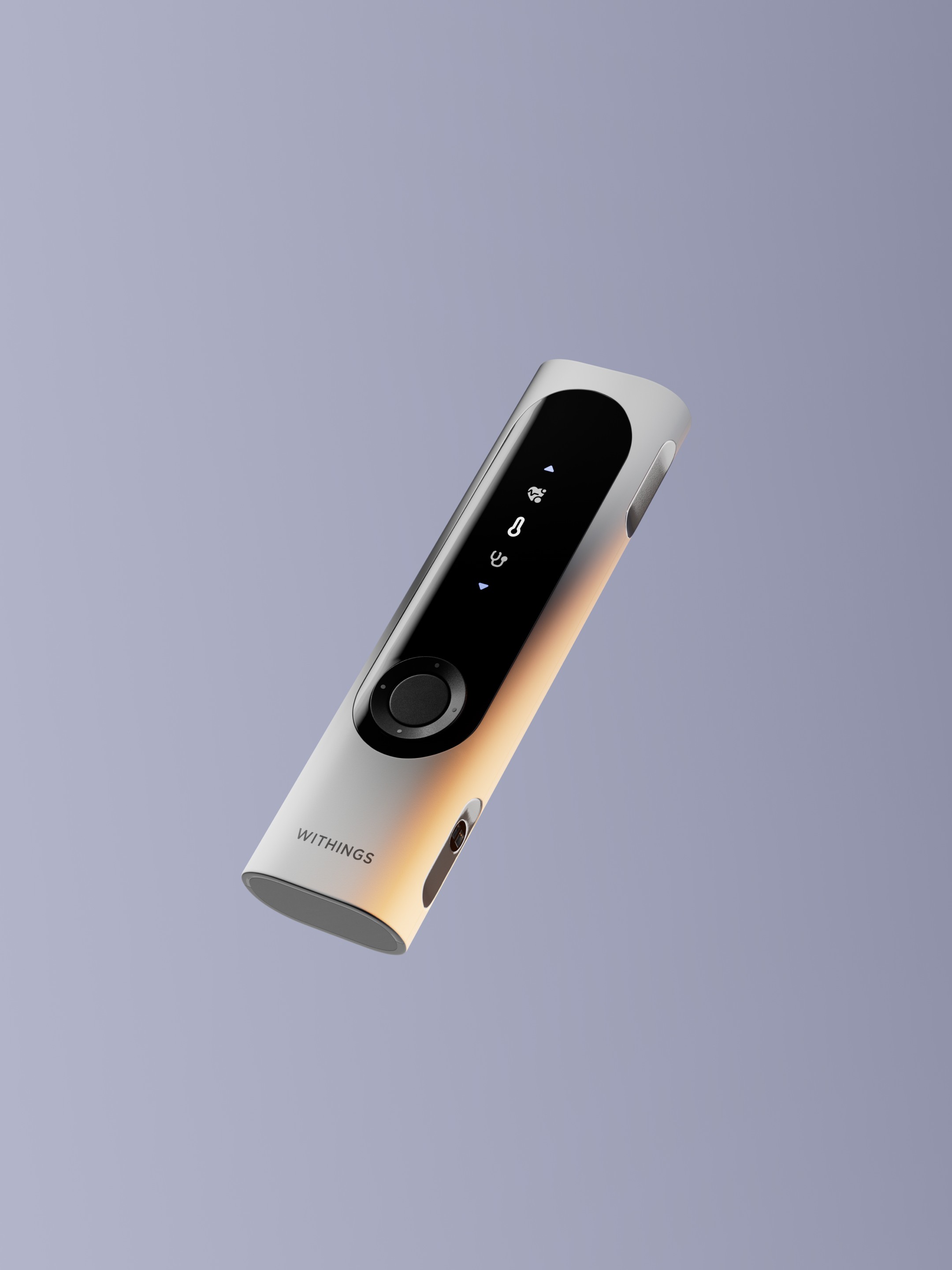 High-fidelity 3D render of Withings BeamO, capturing the "warm futuristic" feeling and industrial design.