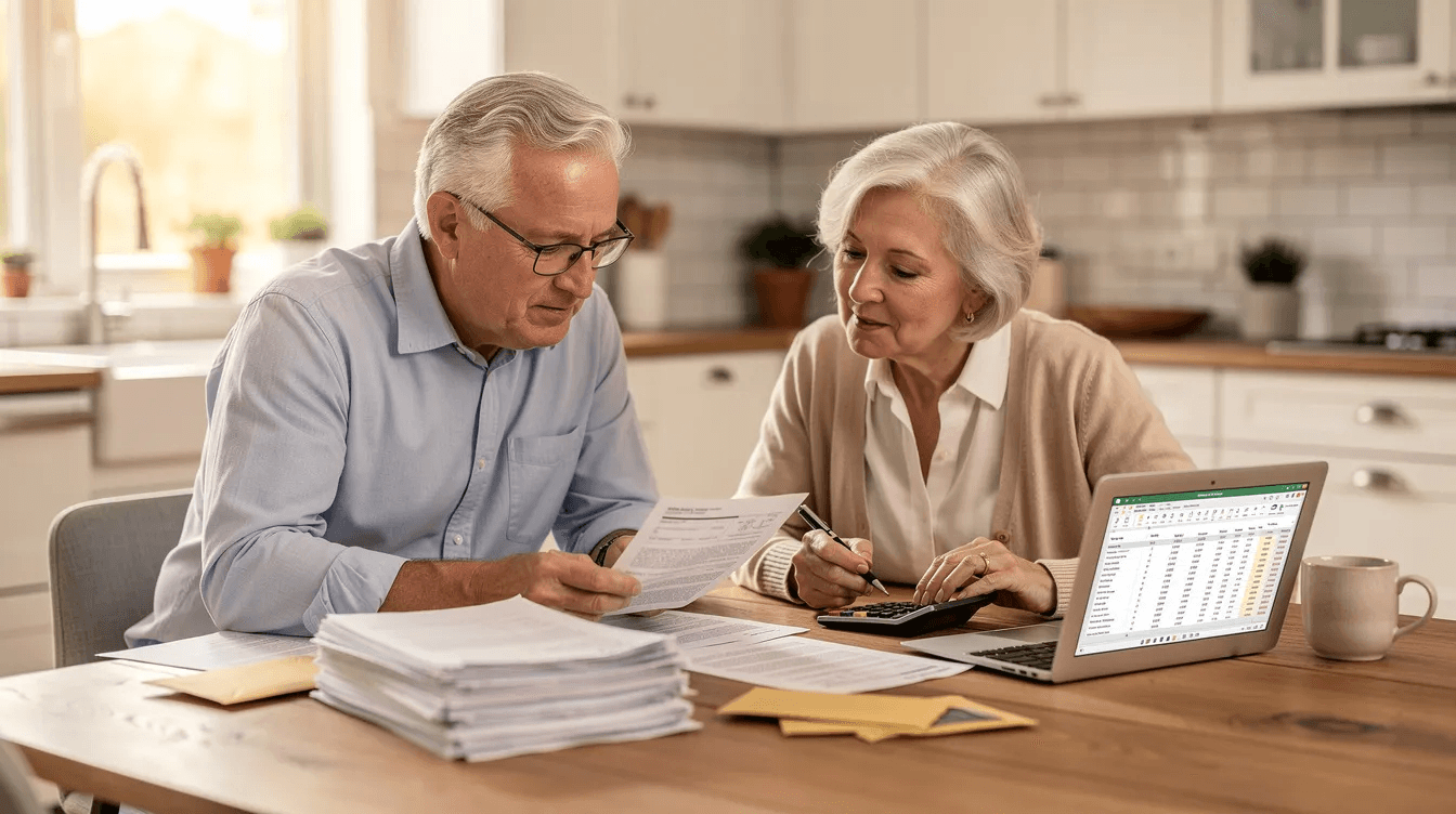 An elderly couple sits at a kitchen table, reviewing financial documents together, likely discussing their retirement savings and planning for their desired retirement lifestyle. They appear focused, considering factors such as their employer-sponsored retirement plan and potential sources of retirement income, including social security benefits.