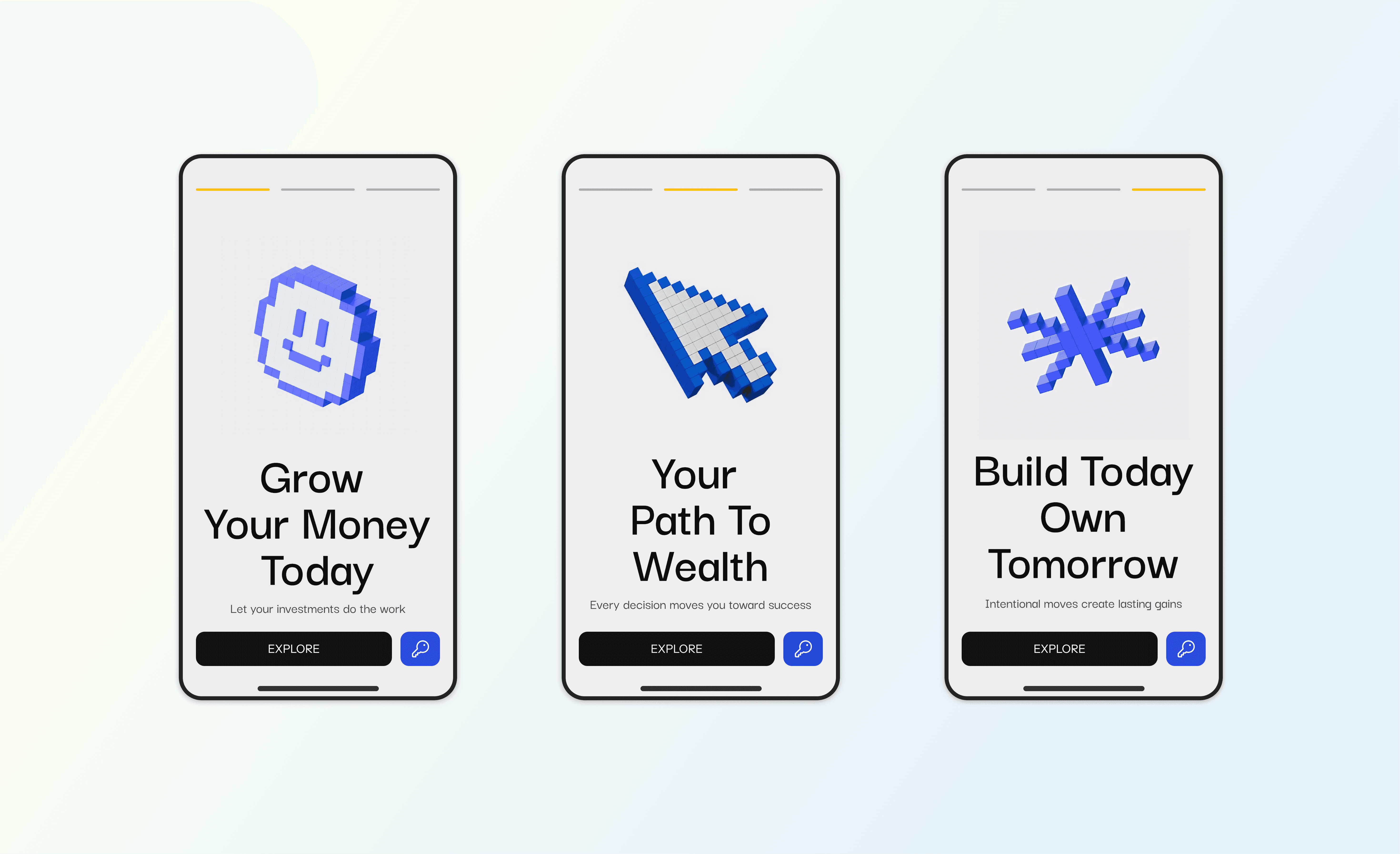 Three smartphone screens display motivational investment messages accompanied by pixelated symbols: a smiling face, a cursor, and a sunrise, each encouraging financial growth and wealth-building strategies.