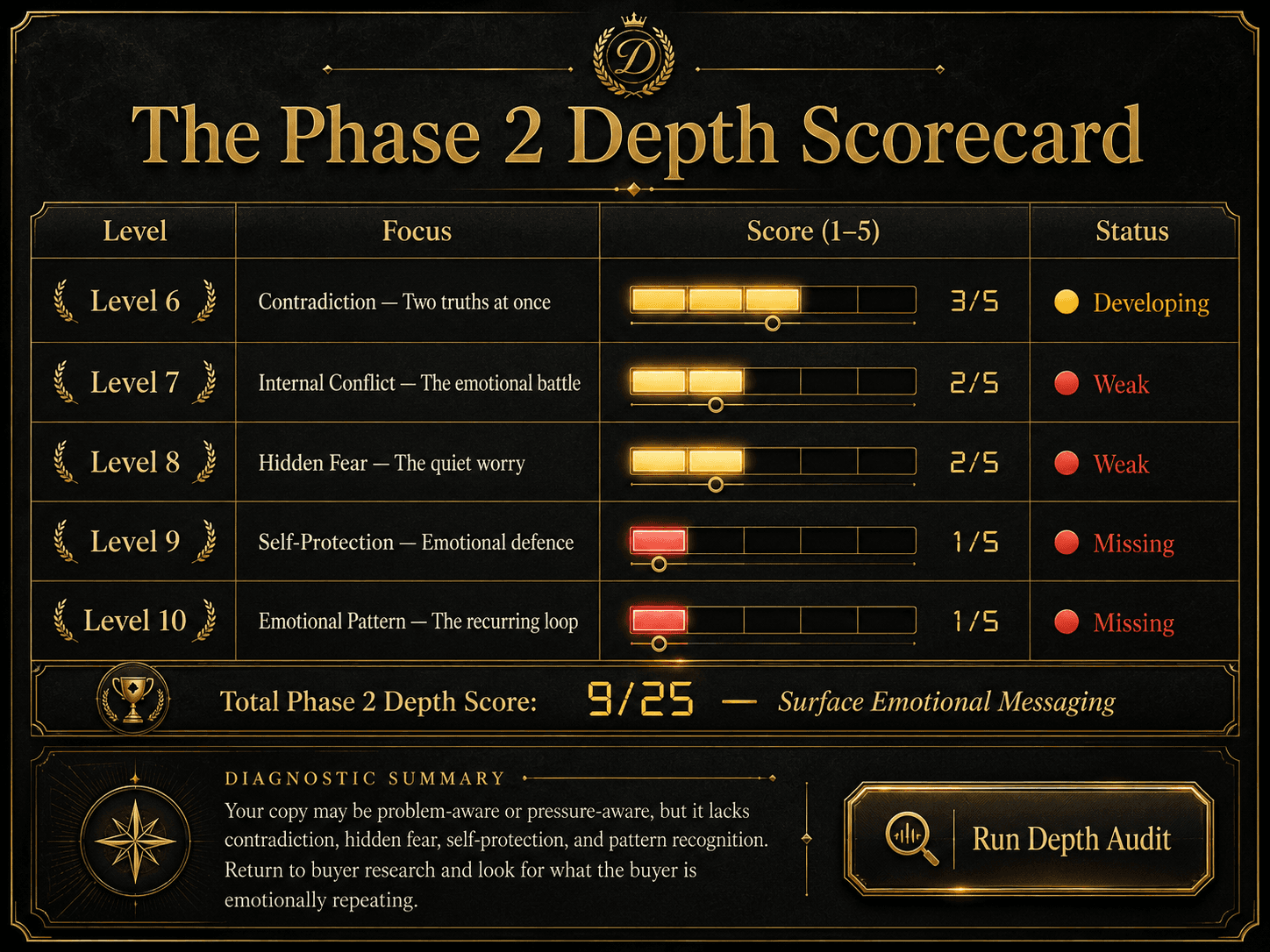 “The Phase 2 Depth Scorecard” Concept: A minimalist, elegant 5-level scorecard. Each level has a score slider (1–5) and a status indicator: Level Focus Score (1–5) Status Level 6 Contradiction — Two truths at once ▰▰▰▰▰ 3 ⚠️ Developing Level 7 Internal Conflict — The emotional battle ▰▰▰▰▰ 2 ⚠️ Weak Level 8 Hidden Fear — The quiet worry ▰▰▰▰▰ 2 ⚠️ Weak Level 9 Self-Protection — Emotional defence ▰▰▰▰▰ 1 ❌ Missing Level 10 Emotional Pattern — The recurring loop ▰▰▰▰▰ 1 ❌ Missing Total Phase 2 Depth Score: 9/25 — “Surface Emotional Messaging” Below the scorecard, a diagnostic summary: “Your copy may be problem-aware or pressure-aware, but it lacks contradiction, hidden fear, self-protection, and pattern recognition. Return to buyer research and look for what the buyer is emotionally repeating.” Style: Luxury stationery meets diagnostic UI. Dark charcoal background, gold foil lines, serif for level names, monospace for scores. Red/yellow/green status indicators. Interaction: Hovering any level expands the diagnostic question for that level and weak/strong examples. Adjusting any slider updates the total score and interpretation (Surface Emotional Messaging / Basic Recognition / Good But Needs Precision / Strong Phase 2 Depth). A “Run Depth Audit” button applies all levels to a sample message.