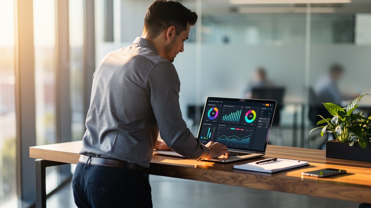 Sales rep reviewing conversation analytics and performance data