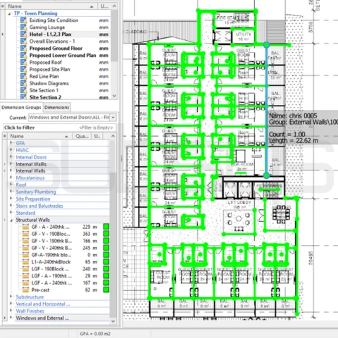 screenshot of CostX workbook showing highlighted green dimensions and building plans by SubsQS Ltd