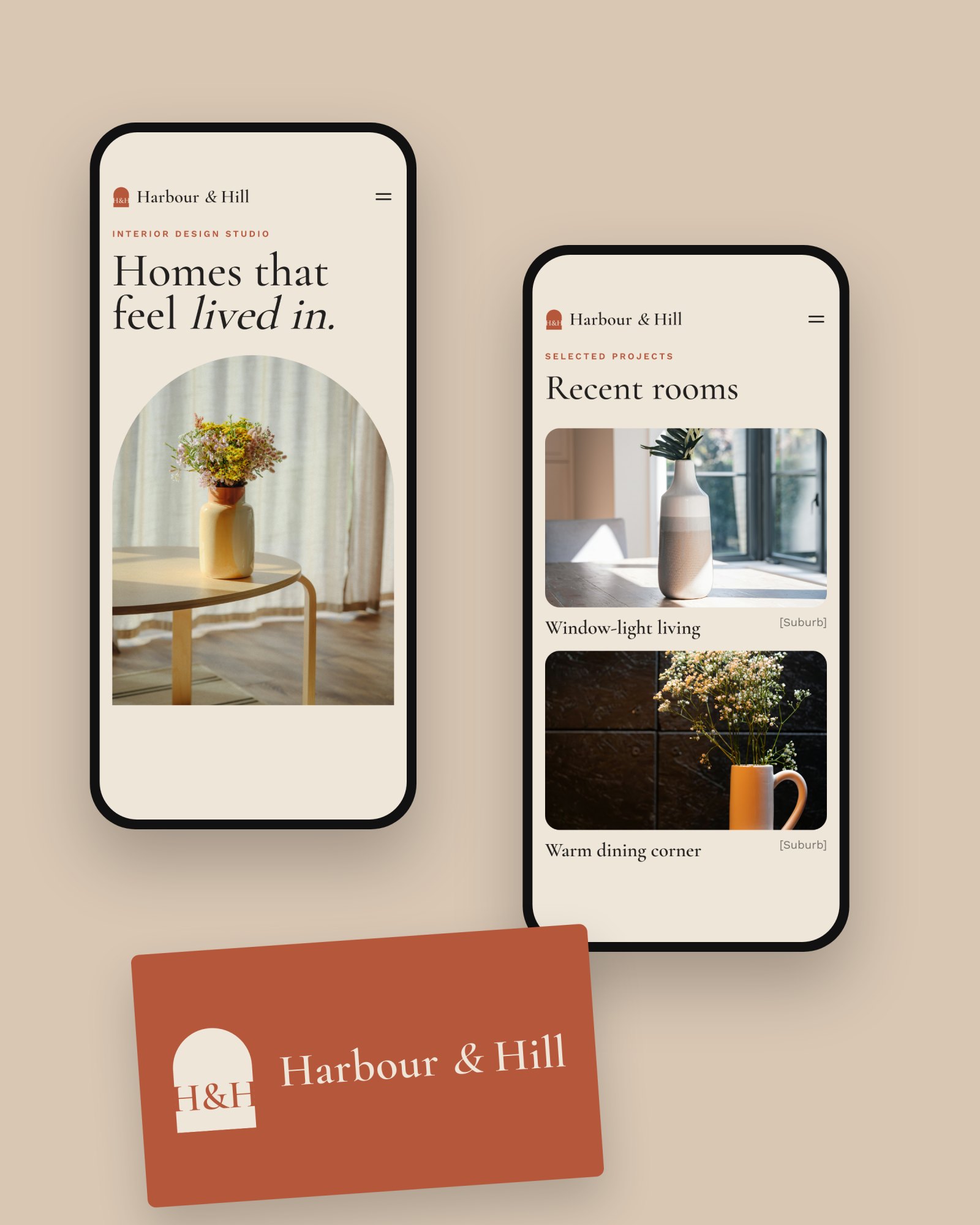 Harbour & Hill concept mobile screens with a terracotta business card (concept project)