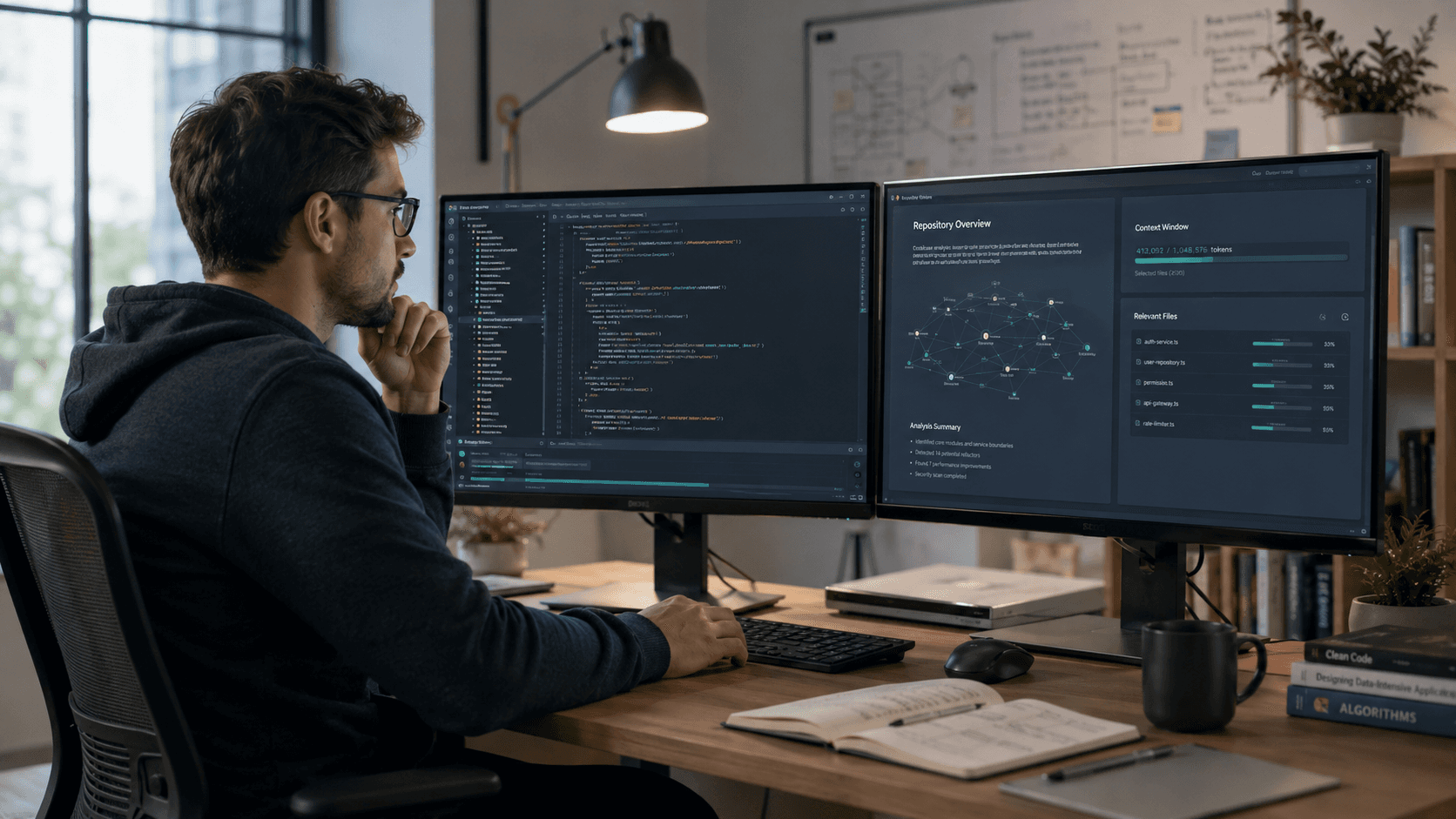 Developer studying code and repository insights across dual monitors, showing long-context analysis and relevant files for AI model engineering tasks.