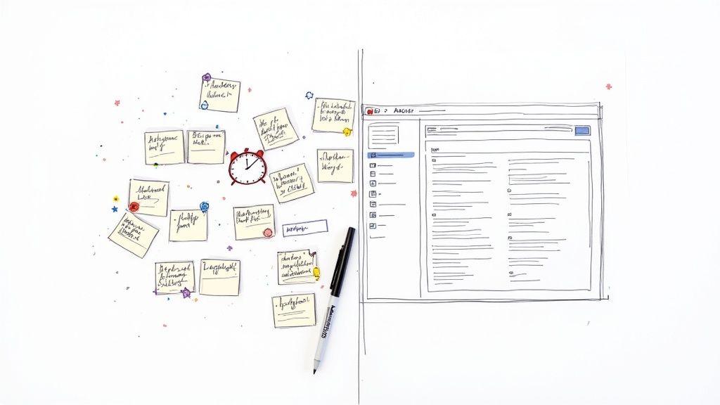 Hand-drawn sticky notes, an alarm clock, and a computer interface illustrating meeting note organization.