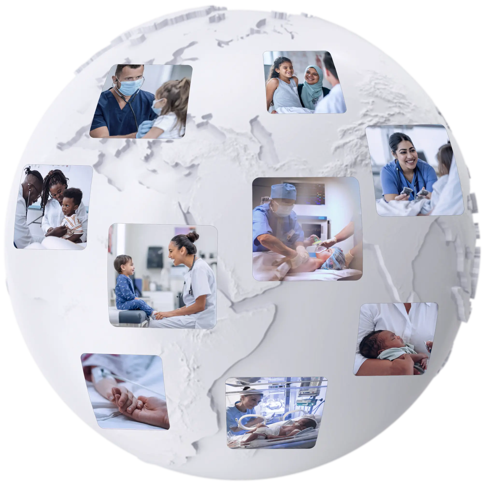 Illustration of the Earth with hospitals representing a global healthcare network