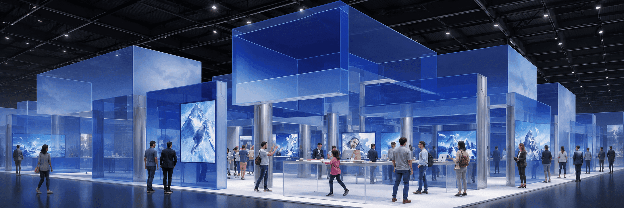 20x20 trade show booth rental in Las Vegas with branded graphics, demo counter, storage, and visitor flow
