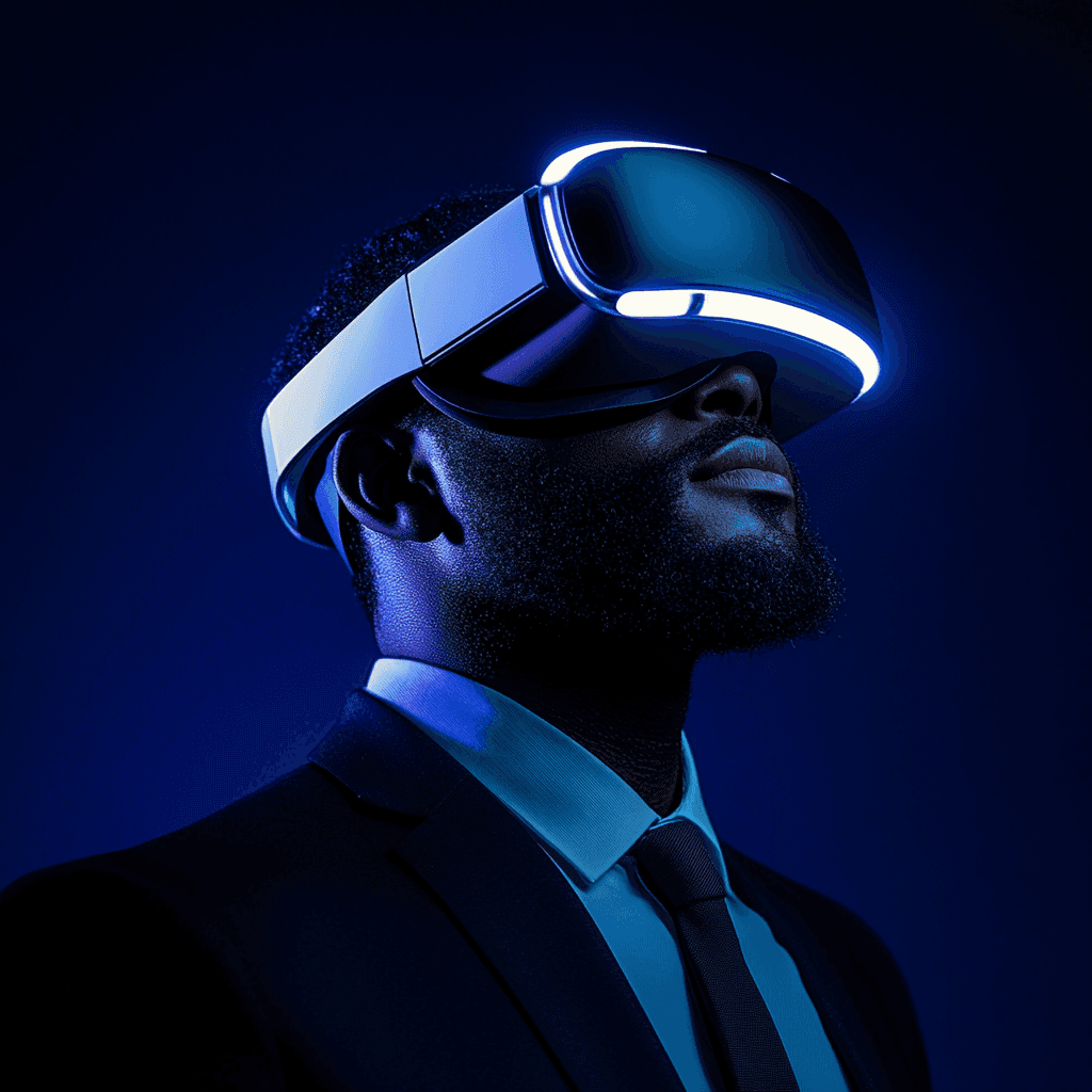 Un homme d'affaires caribéen portant un casque de réalité virtuelle - innovation technologique lors d'événements ProEvent97.