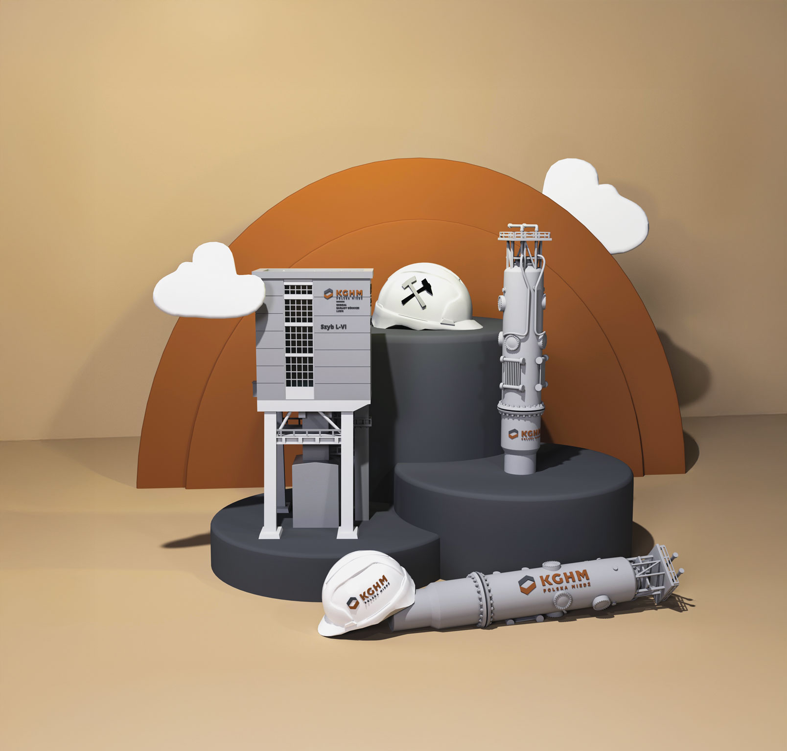 Stylizowana wizualizacja 3D (low-poly) maszyn górniczych i akcesoriów BHP dla KGHM