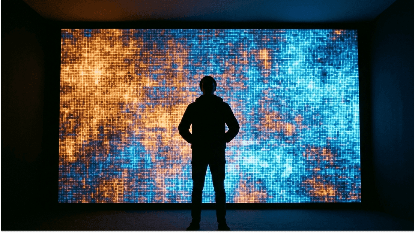 Woman sits in desert watching bright orange sunset over horizon.