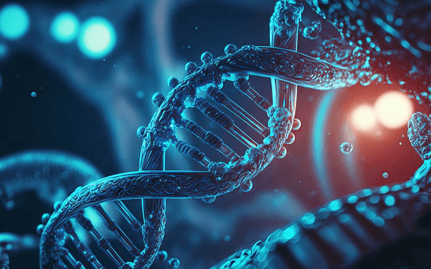 Close-up of a DNA double helix model, illustrating genetic structure. Blue and red lighting.