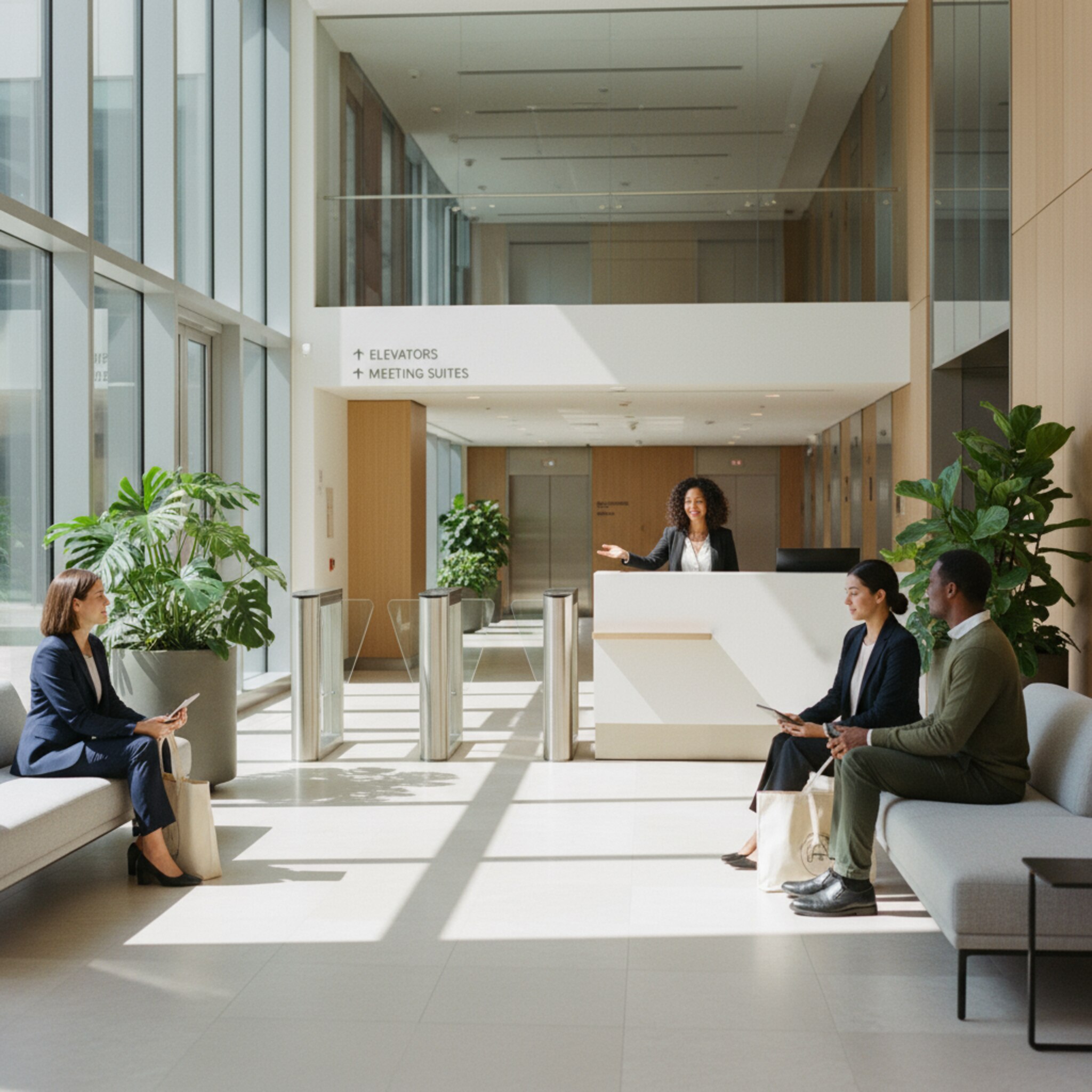 Am Morgen flutet weiches Licht eine hohe Lobby mit Glasfronten. Einige Besucher sitzen entspannt auf hellen Sofas, während eine Mitarbeiterin am Empfang freundlich den Weg weist. Diskrete Sicherheitsdrehkreuze markieren den Zugang zu den Büros. Grüne Pflanzen und klare Beschilderung schaffen eine ruhige, professionelle Atmosphäre.