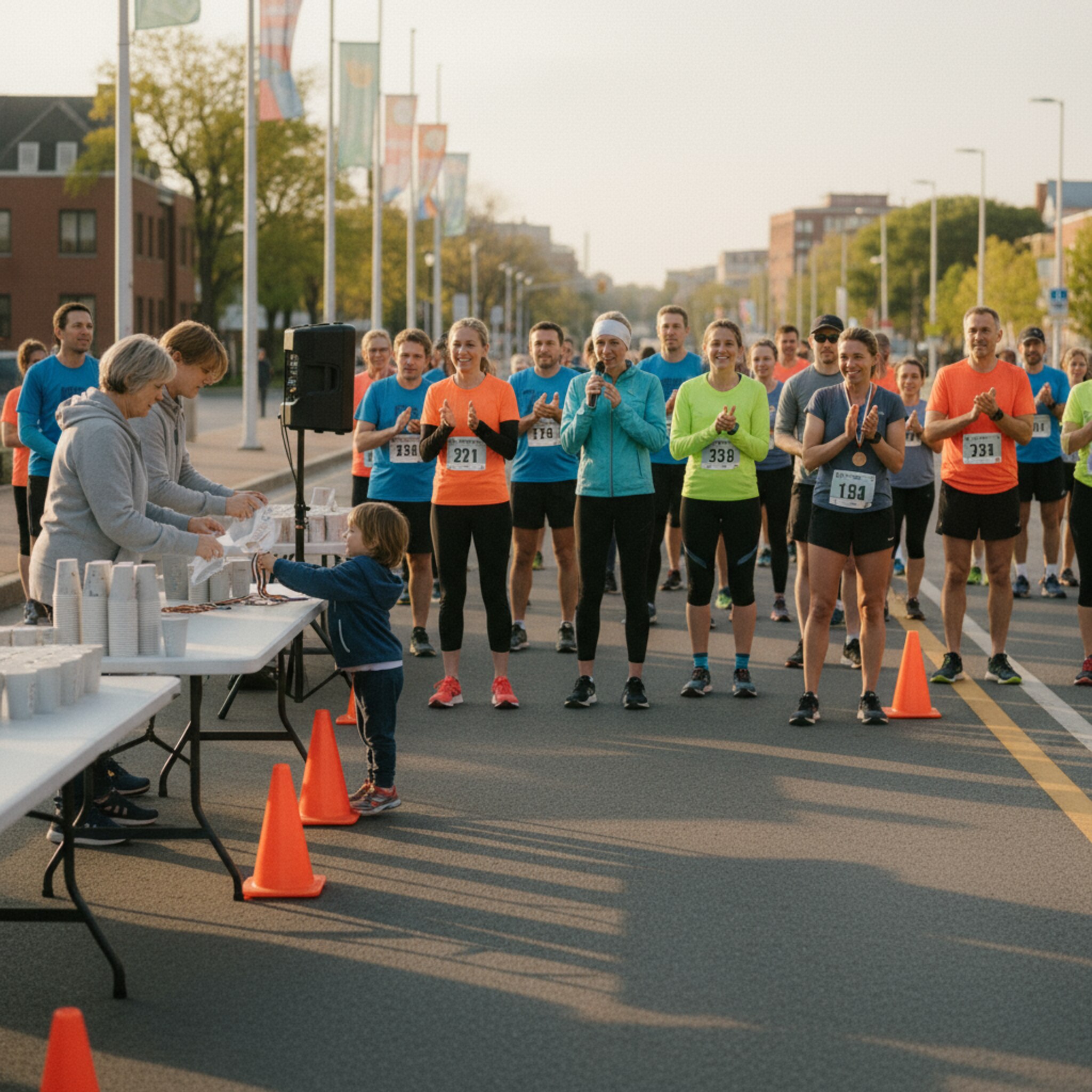 Eine Startgruppe sortiert sich vor einer breiten Straße mit Pylonen. Helfer verteilen Startnummern, ein Kind befestigt eine Medaille an einer Läuferin. Neben der Strecke stapeln sich Wasserbecher auf Tischen. Ein Sprecher kündigt die nächste Welle an und die Menge klatscht im Takt.