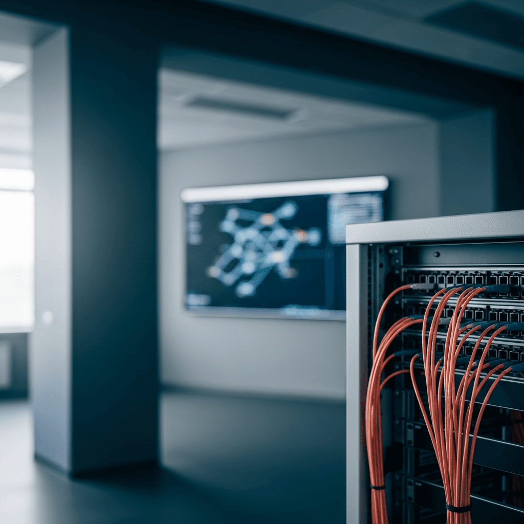 A clean, modern telecom network operations center. In the foreground, a single server rack with neatly organized fiber optic cables in brand color #E76F51 is in soft focus. The background shows a large, minimalist data visualization screen displaying a network topology map, out of focus. Aspect ratio 16:9. Natural, soft light comes from one side, creating subtle shadows. The color palette is dominated by deep blue-grey #1F3B5B and off-white #F5F2EC, with the orange cables providing a strong accent. There is ample empty space in the upper-left third for text overlay. The image must be photorealistic, editorial photography, with no text, no logos, and no watermarks.