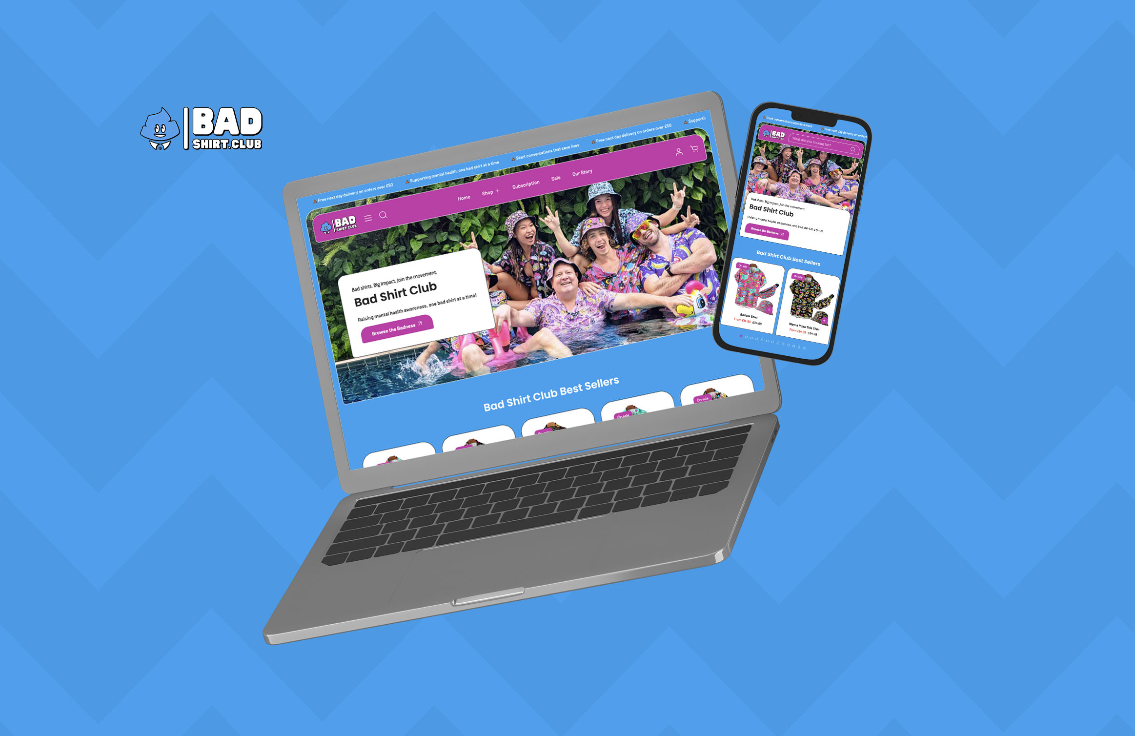 Person in yellow jacket and orange pants sitting on a blue chair, yellow background