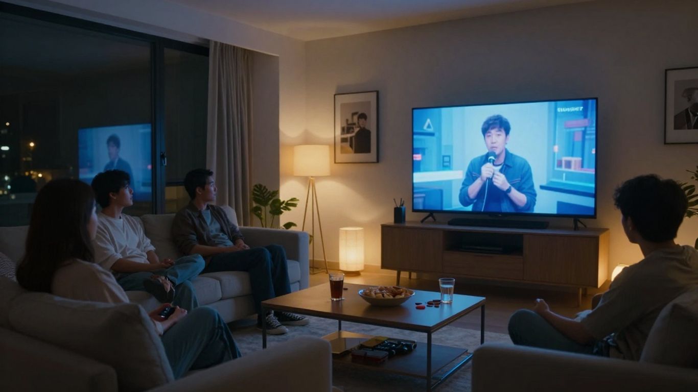 Living room television with family comedy night