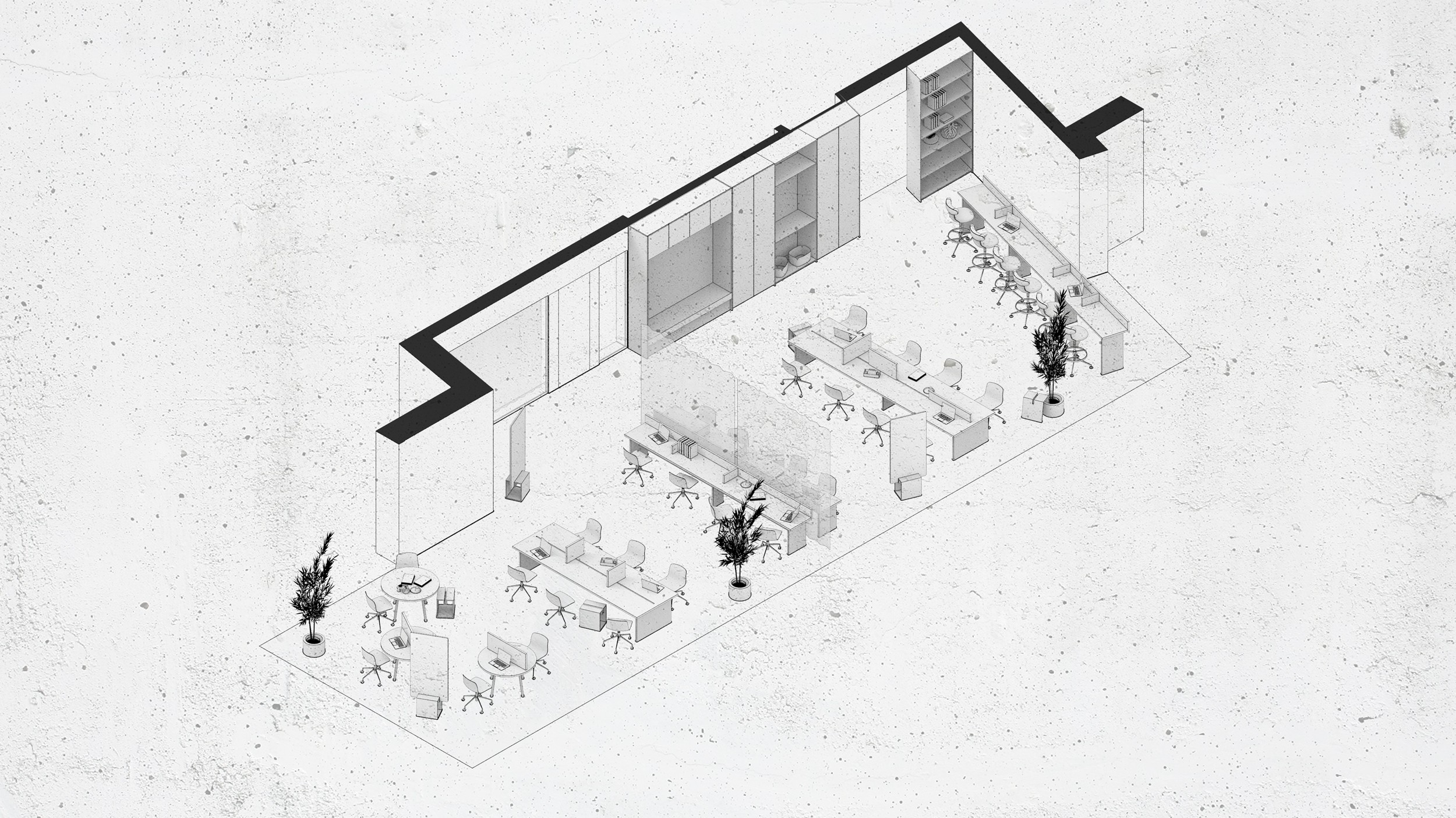 Grundrissdarstellung eines Co-Working Space mit klarer Raumstruktur, Zonierung und funktionaler Flächenorganisation