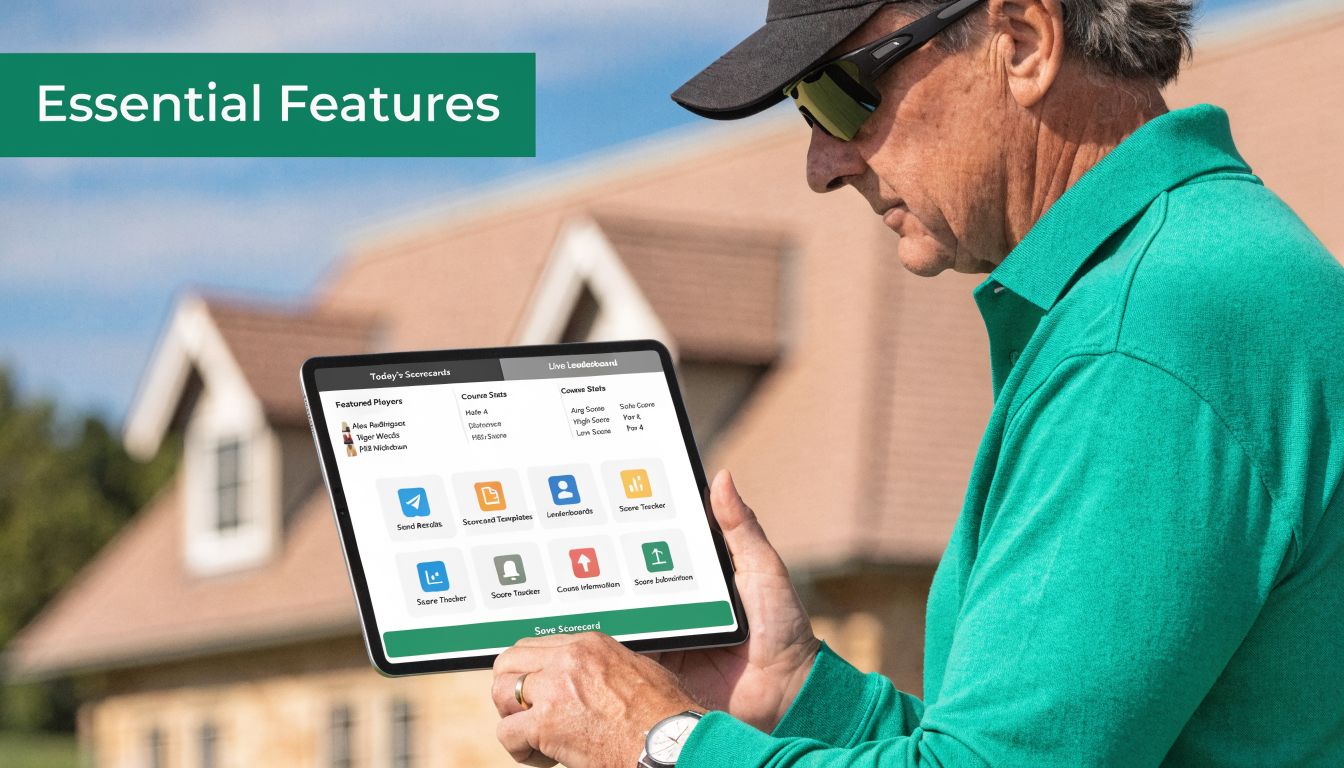 A man in a green shirt holding a tablet displaying a digital golf scorecard application outdoors.