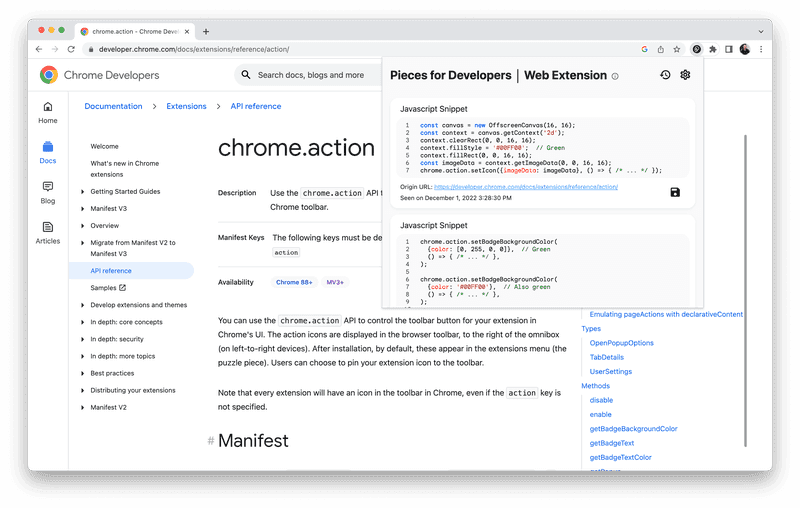 Discovered snippets in the popover menu of the Pieces Web Extension.