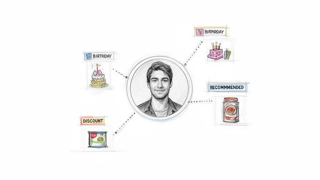 A sketch illustrating personalized customer retention strategies, showing a customer linked to birthday offers, discounts, and recommended products.