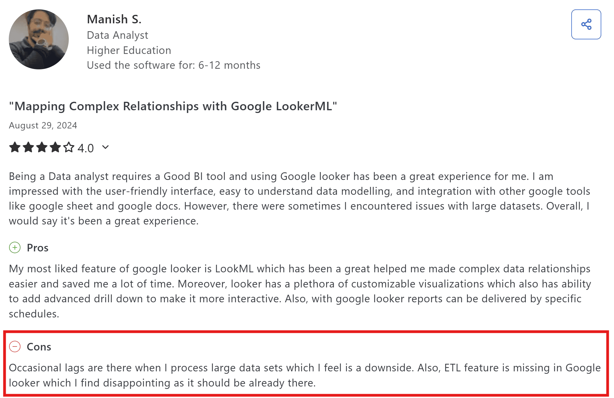 G2 review describing lags on looker when analyzing large datasets - also missing ELT on google