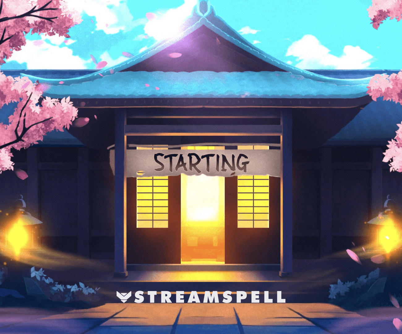 TheChamberTCG custom Starting Soon screen featuring a Japanese dojo, cherry blossoms, warm lanterns, and StreamSpell branding