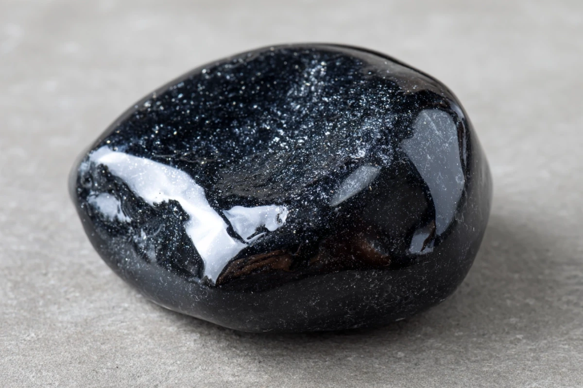 Polished black obsidian stone with reflective surface