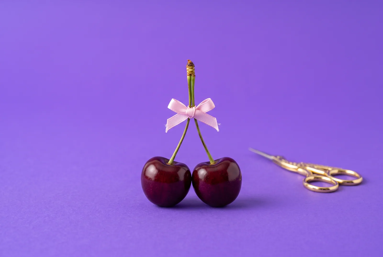 Pair of glossy cherries whose cut stem is tied back together with a small pink ribbon on a lilac backdrop, a metaphor for how to rebuild trust after porn addiction