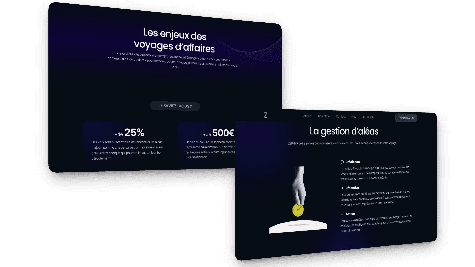 Deux sections website - Enjeux voyage d'affaires, gestion d'aléas, statistiques et main tenant horloge