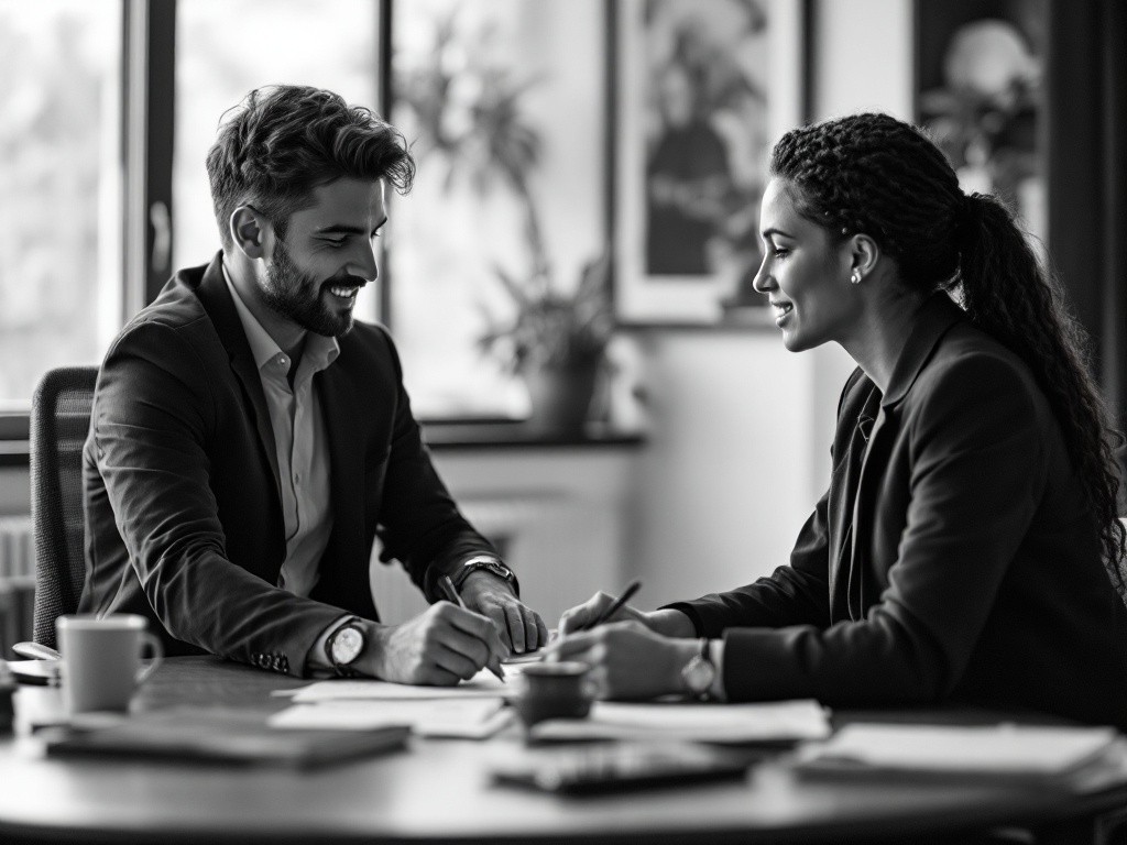 A man and a woman are sitting at a table, looking at each other and smiling.