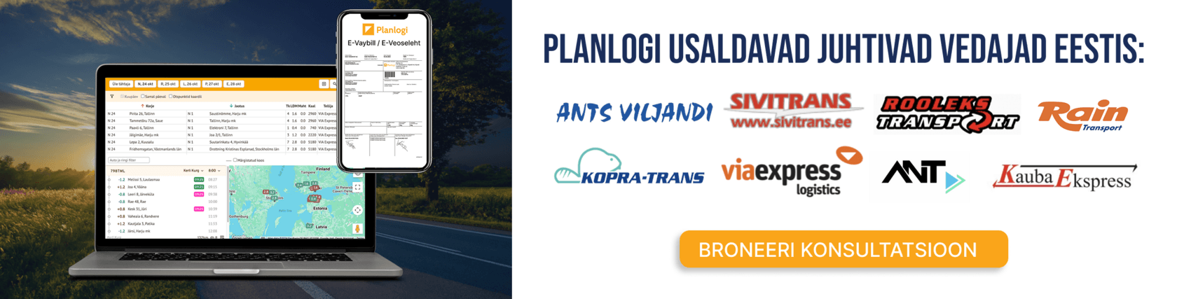 Planlogi e-veoselehe süsteemi konsultatsiooni bänner Planlogit kasutavate Eesti vedajate logodega