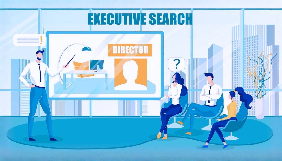 Illustration of a business team evaluating a candidate profile labeled "Director" during an executive search presentation.