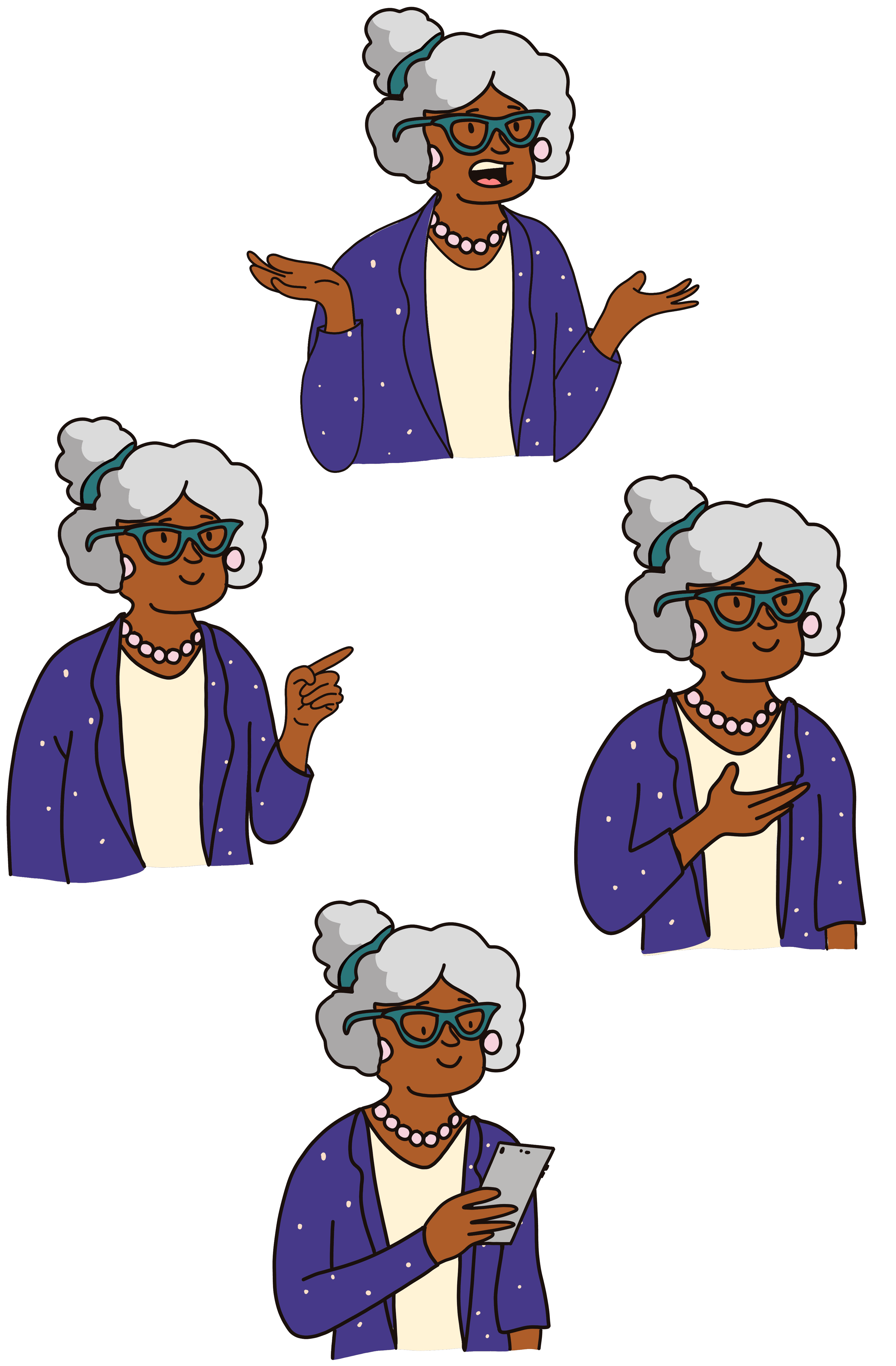 A series of illustrations depicting a confident older woman with warm brown skin, sporting a stylish combination of curly gray hair, cat-eye glasses, a cozy sweater, and a classic pearl necklace