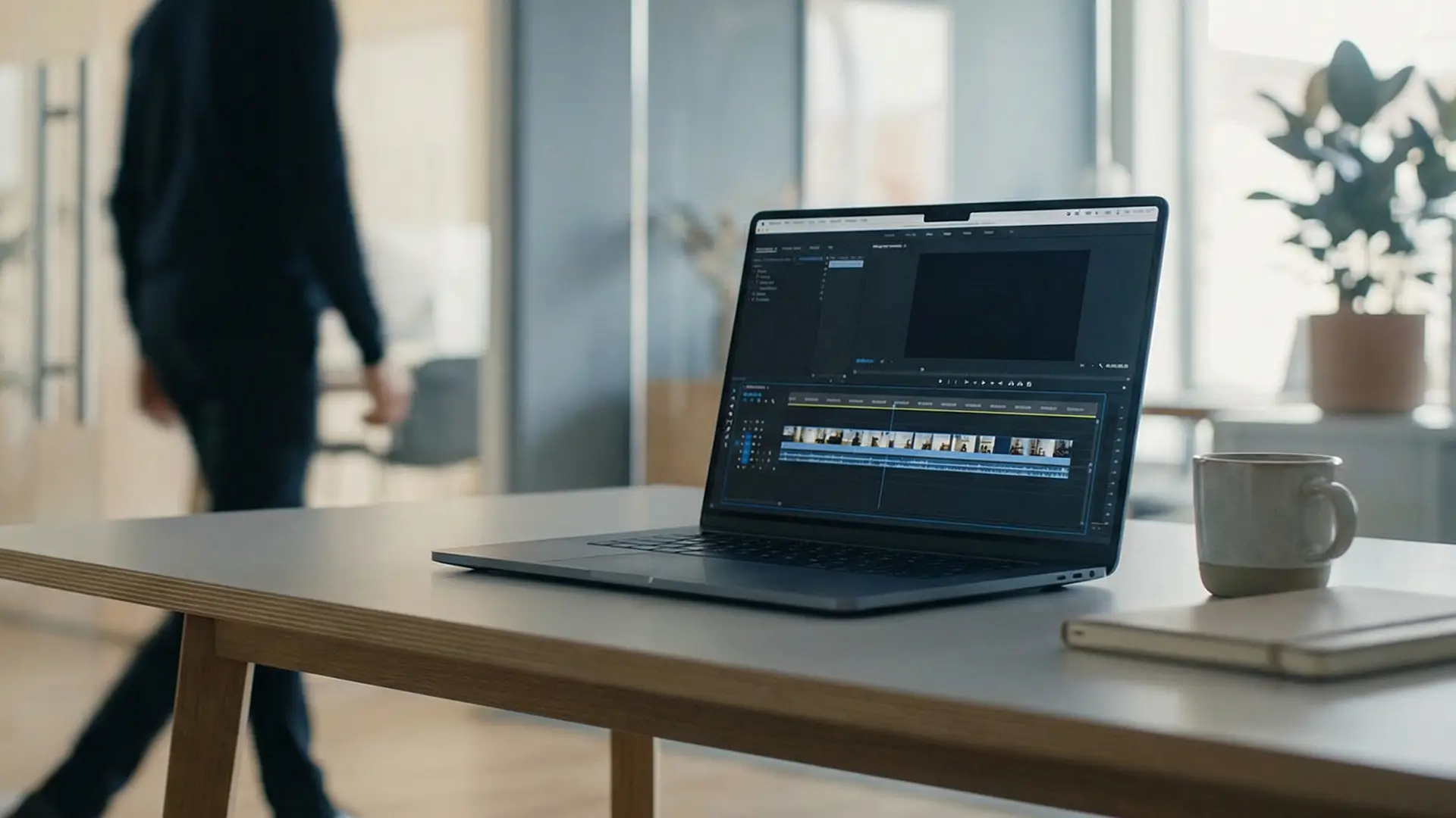 Laptop displaying a video editing timeline on a desk in a modern office, with softly blurred colleagues in the background, suggesting strategic internal communications support.